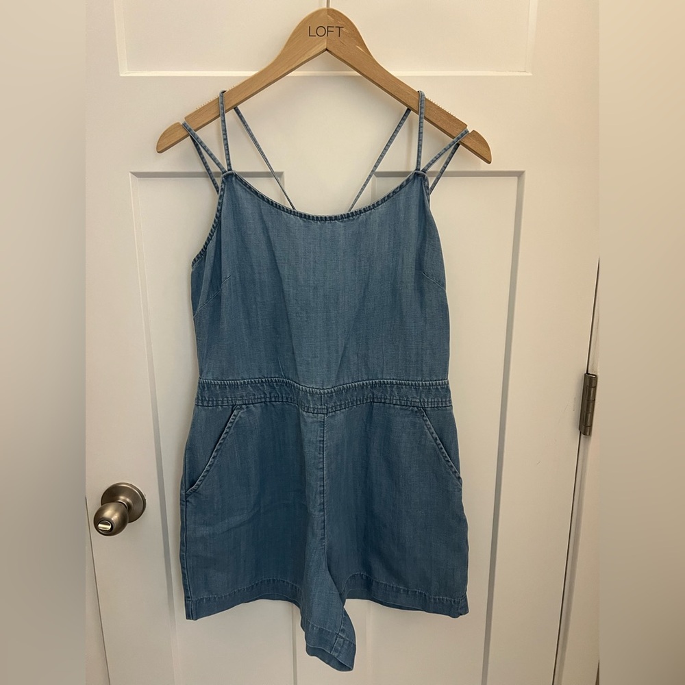 LOFT Light Blue Denim Romper with Spaghetti Straps